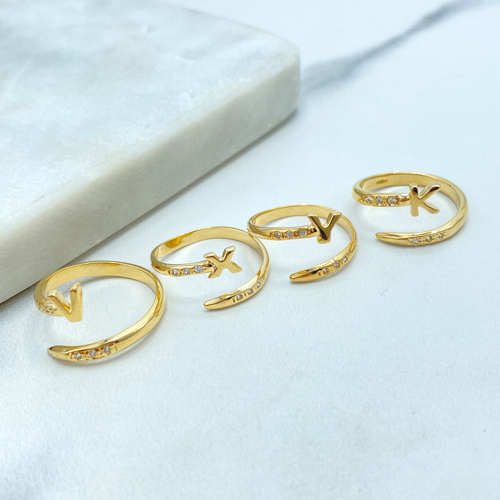 18k Gold Filled Adjustable Initial Ring, Personalized Open Band with CZ Stones, Custom Letter Ring