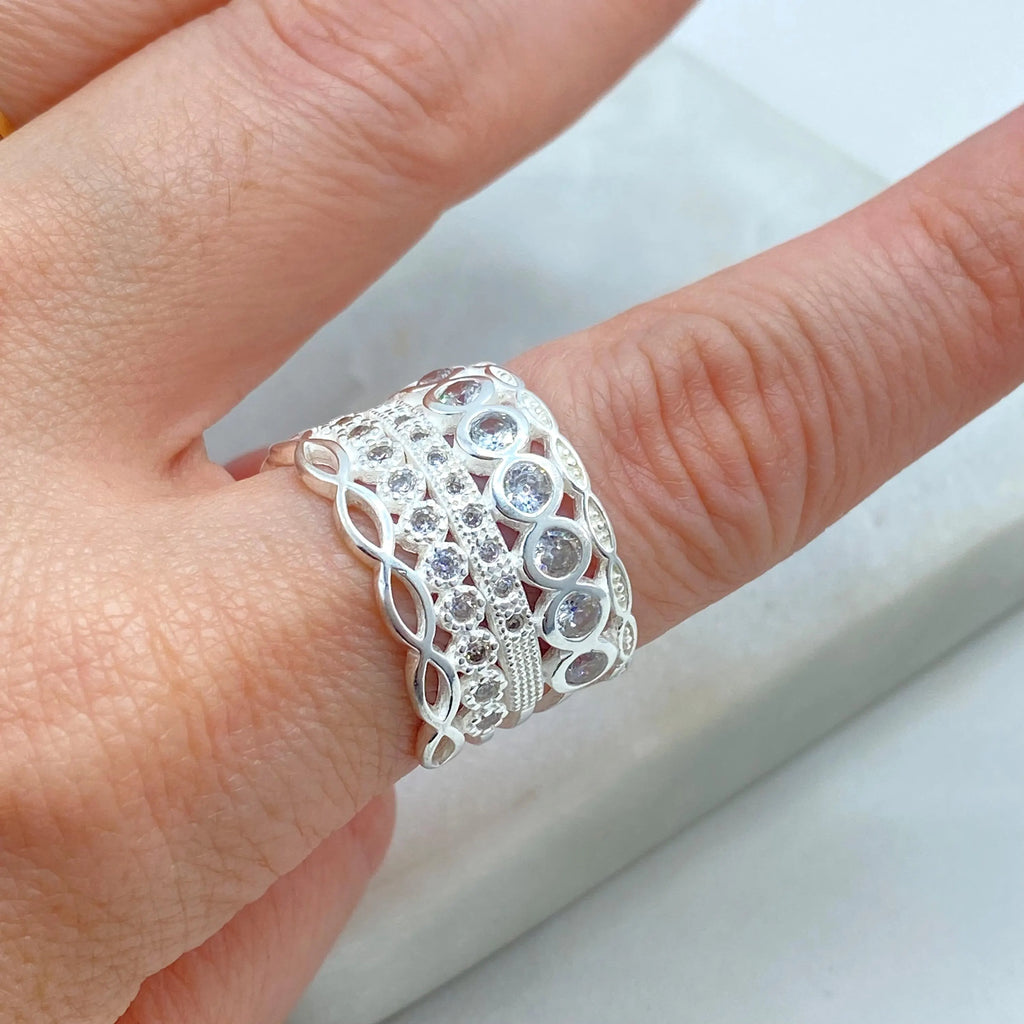 925 Sterling Silver Stacked Ring – 925 Silver & CZ Multi-Layer Look, One-Piece Stacking Ring, 05 Simulated Layers Ring