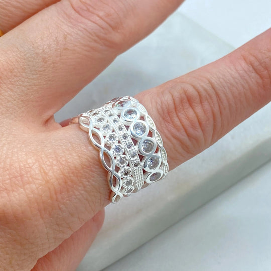 925 Sterling Silver Stacked Ring – 925 Silver & CZ Multi-Layer Look, One-Piece Stacking Ring, 05 Simulated Layers Ring