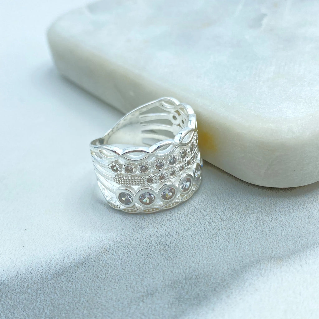 925 Sterling Silver Stacked Ring – 925 Silver & CZ Multi-Layer Look, One-Piece Stacking Ring, 05 Simulated Layers Ring