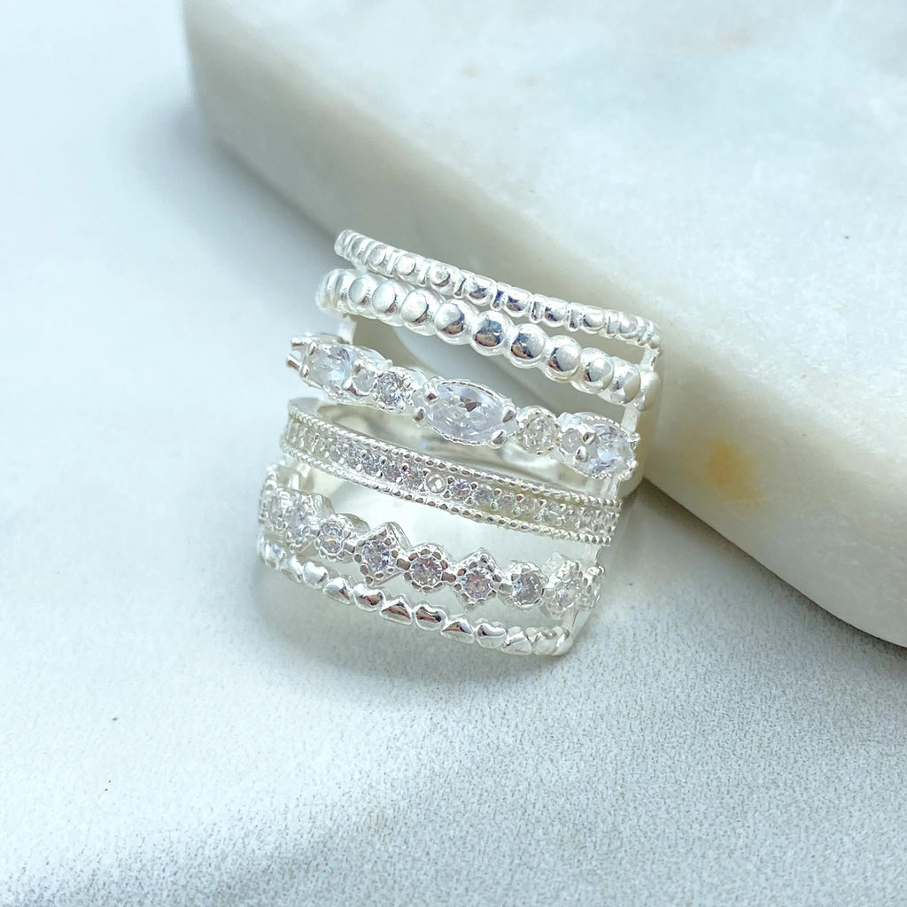 925 Sterling Silver Stacked Ring – 925 Silver & CZ Multi-Layer Look, One-Piece Stacking Ring, 06 Simulated Layers Ring