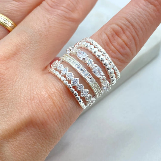 925 Sterling Silver Stacked Ring – 925 Silver & CZ Multi-Layer Look, One-Piece Stacking Ring, 06 Simulated Layers Ring