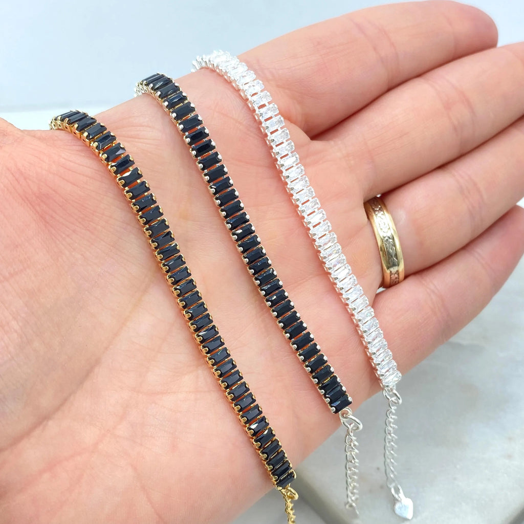 Elegant Baguette Zirconia Anklet in 18k Gold Filled or Silver Filled Finish, Choose Black or Clear Stones