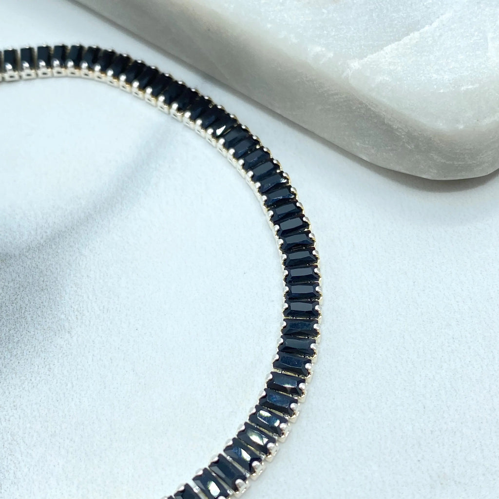 Elegant Baguette Zirconia Anklet in 18k Gold Filled or Silver Filled Finish, Choose Black or Clear Stones