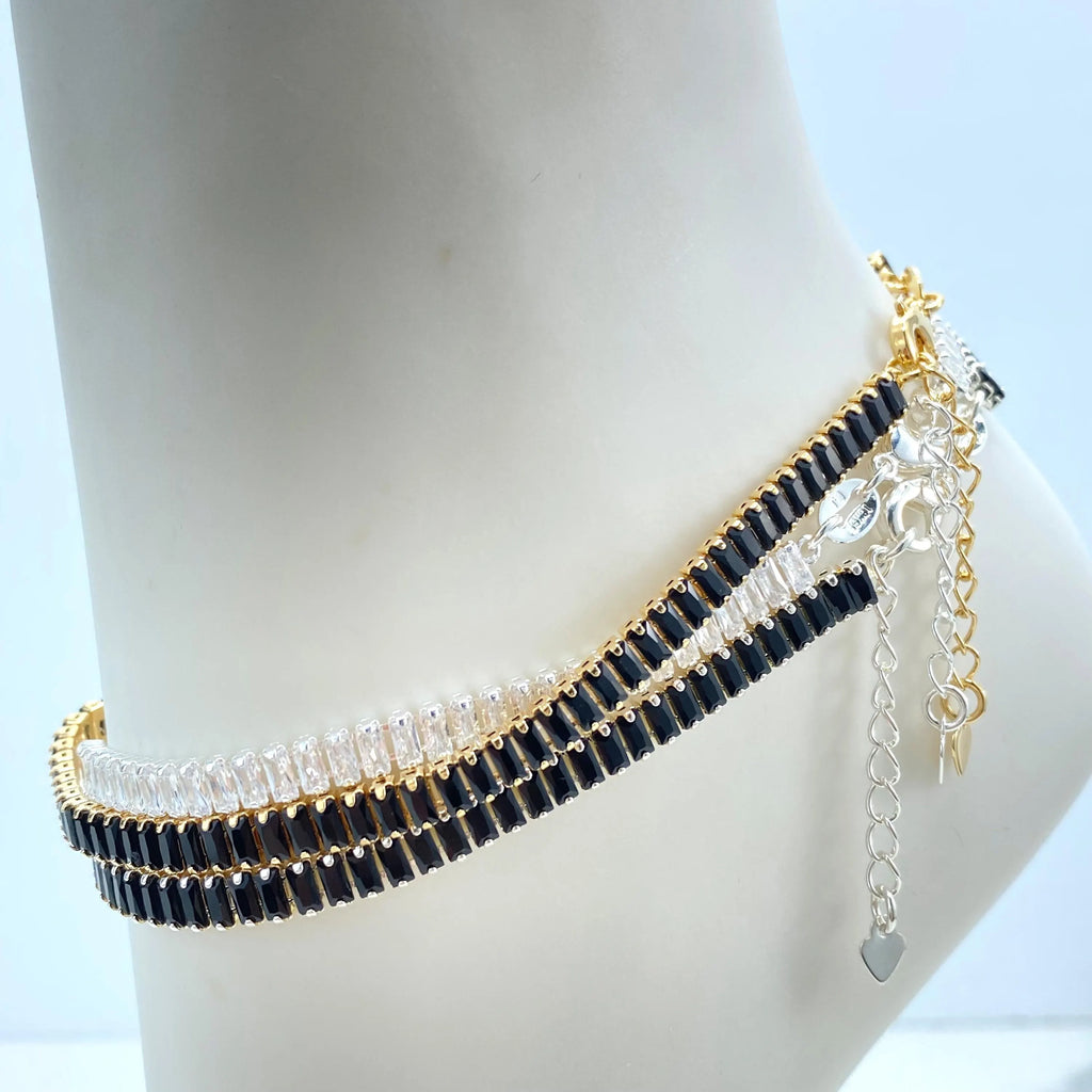 Elegant Baguette Zirconia Anklet in 18k Gold Filled or Silver Filled Finish, Choose Black or Clear Stones