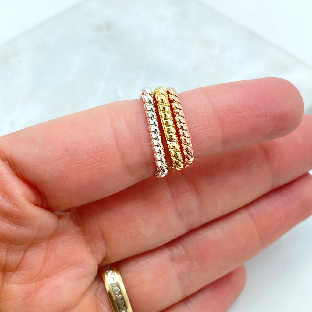 18k Gold Filled Stackable Tri Tone Ring Set, Square Three Rings in Tri-Color, Twist Rope Rings, Tri-Tone Square Shape Stacking Ring Set