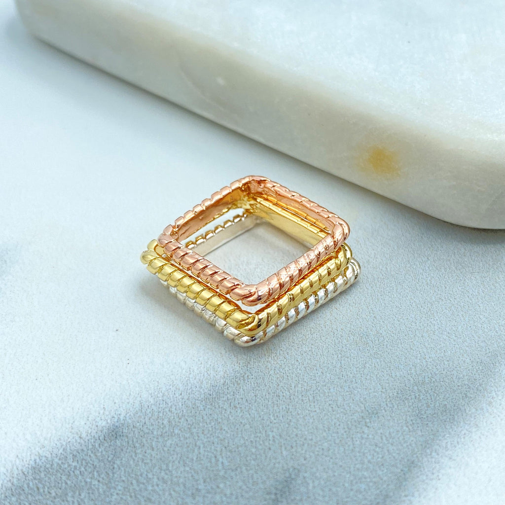 18k Gold Filled Stackable Tri Tone Ring Set, Square Three Rings in Tri-Color, Twist Rope Rings, Tri-Tone Square Shape Stacking Ring Set