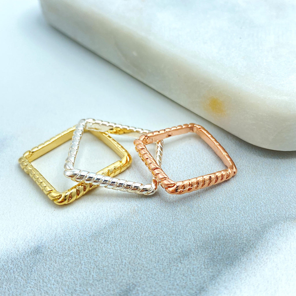 18k Gold Filled Stackable Tri Tone Ring Set, Square Three Rings in Tri-Color, Twist Rope Rings, Tri-Tone Square Shape Stacking Ring Set