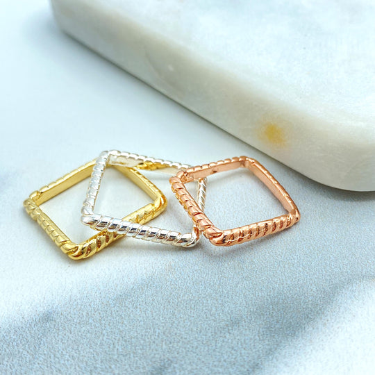 18k Gold Filled Stackable Tri Tone Ring Set, Square Three Rings in Tri-Color, Twist Rope Rings, Tri-Tone Square Shape Stacking Ring Set