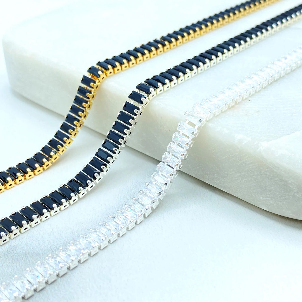 Elegant Baguette Zirconia Anklet in 18k Gold Filled or Silver Filled Finish, Choose Black or Clear Stones