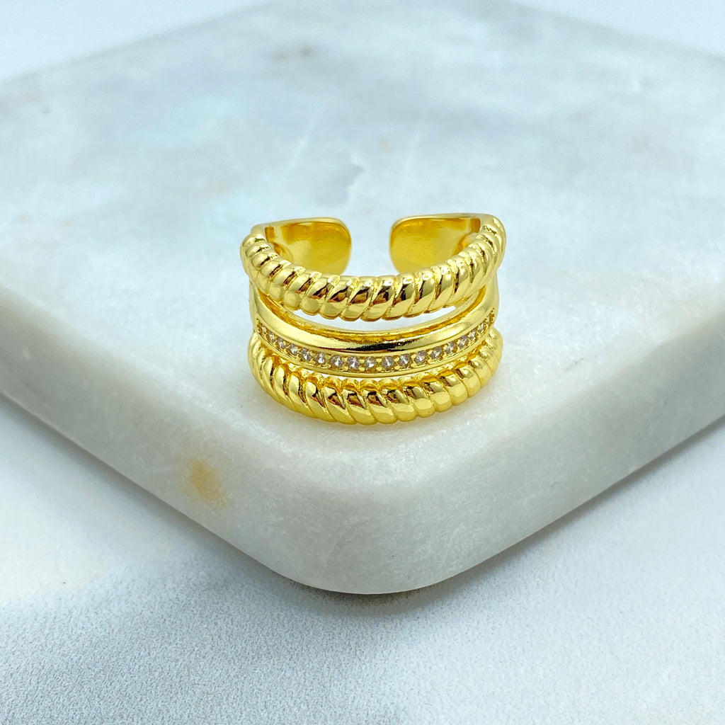 18K Gold Filled Triple Band Adjustable Ring, Rope Detail and CZ Accent, Bold Stack Look in One Ring