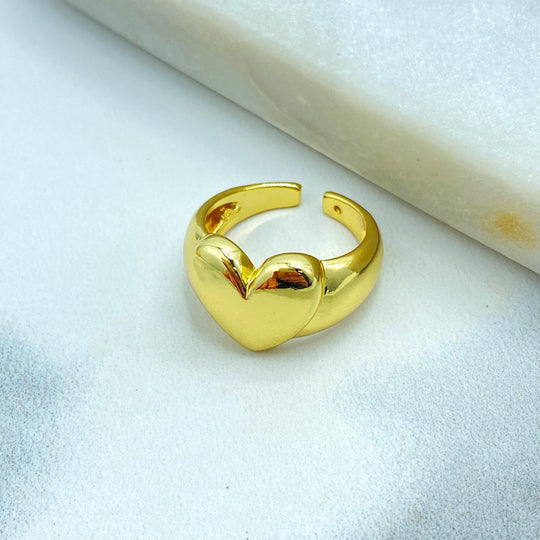 18K Gold Filled Adjustable Heart Ring, Bold Puffy Heart Statement Band, Open Love Ring
