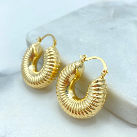 18K Gold Filled Ribbed Chunky Hoop Earrings, Bold Textured Dome Hoops, Retro Statement Earrings