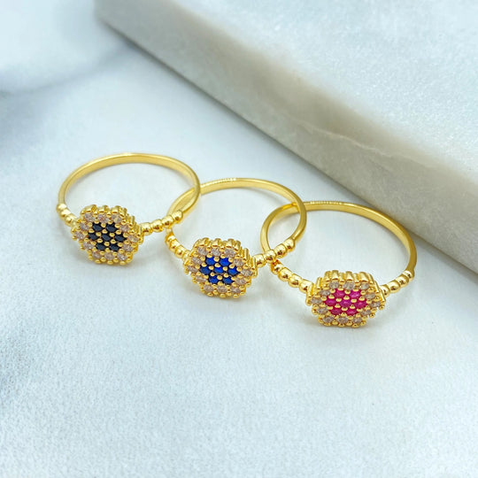 18k Gold Filled Pixel Mosaic Ring with Colored CZ, Hexagon Beaded Band in Pink, Blue, or Black, Flower CZ Ring