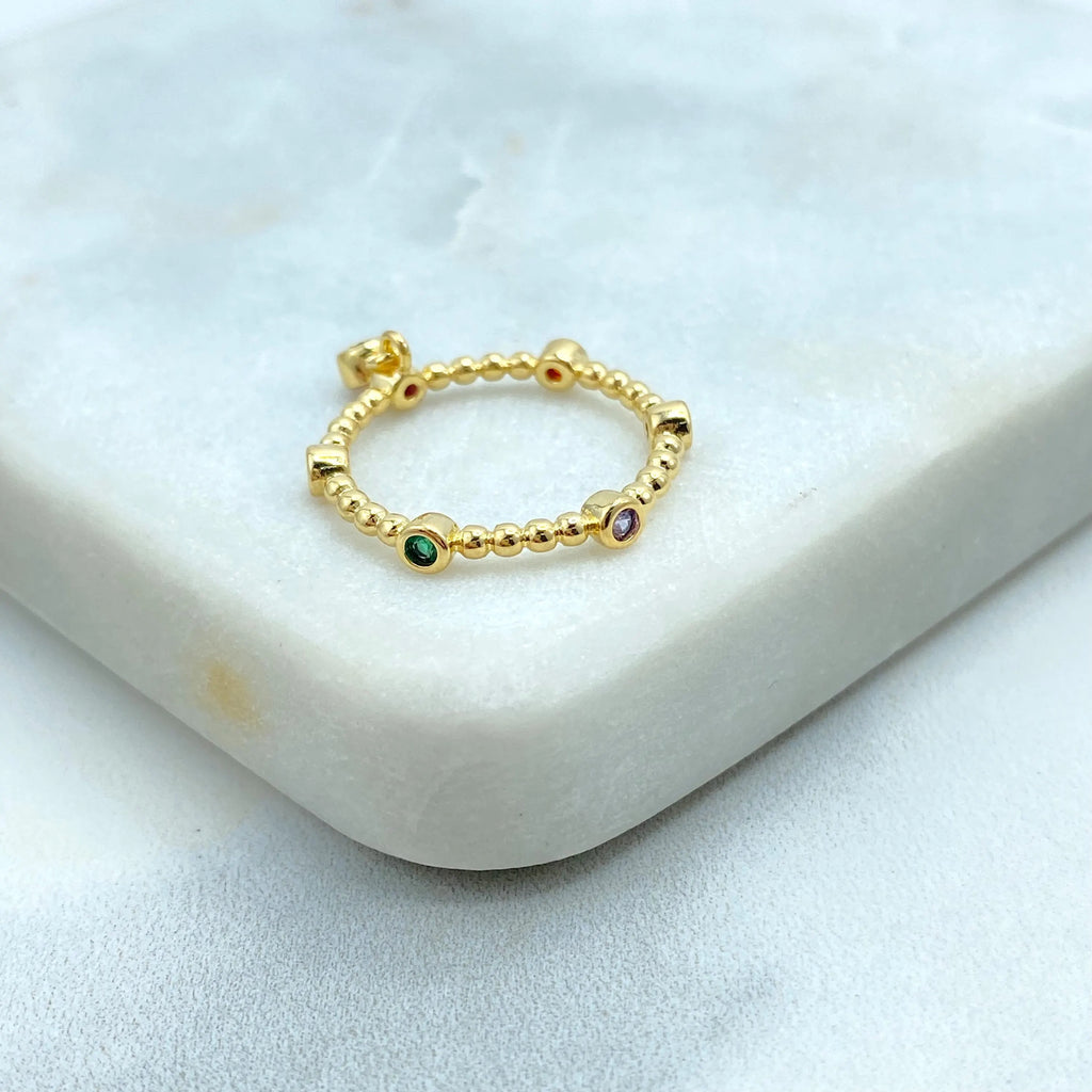 18K Gold Filled Beaded Stackable Ring with Multicolor CZ, Ball Band Ring with Dangling Pink CZ Charm