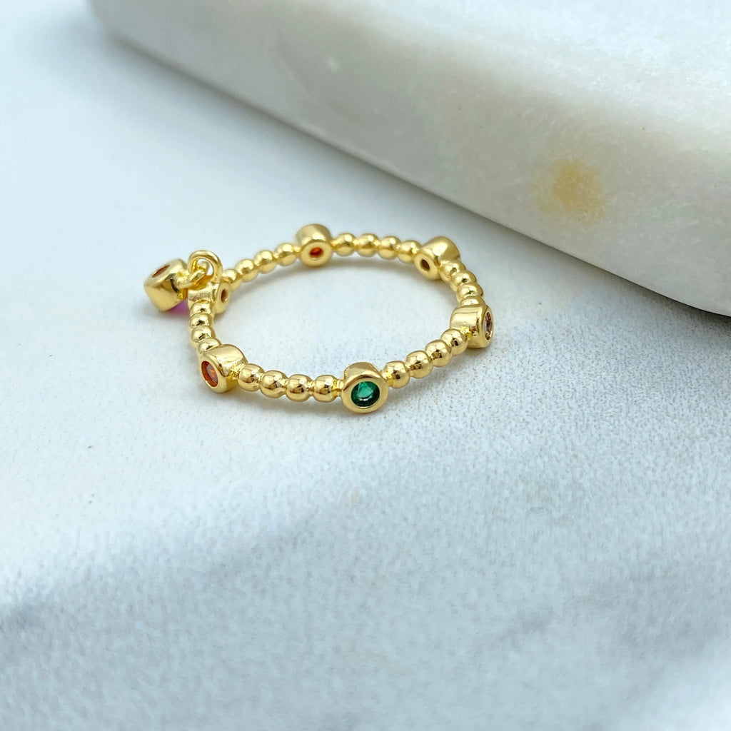 18K Gold Filled Beaded Stackable Ring with Multicolor CZ, Ball Band Ring with Dangling Pink CZ Charm