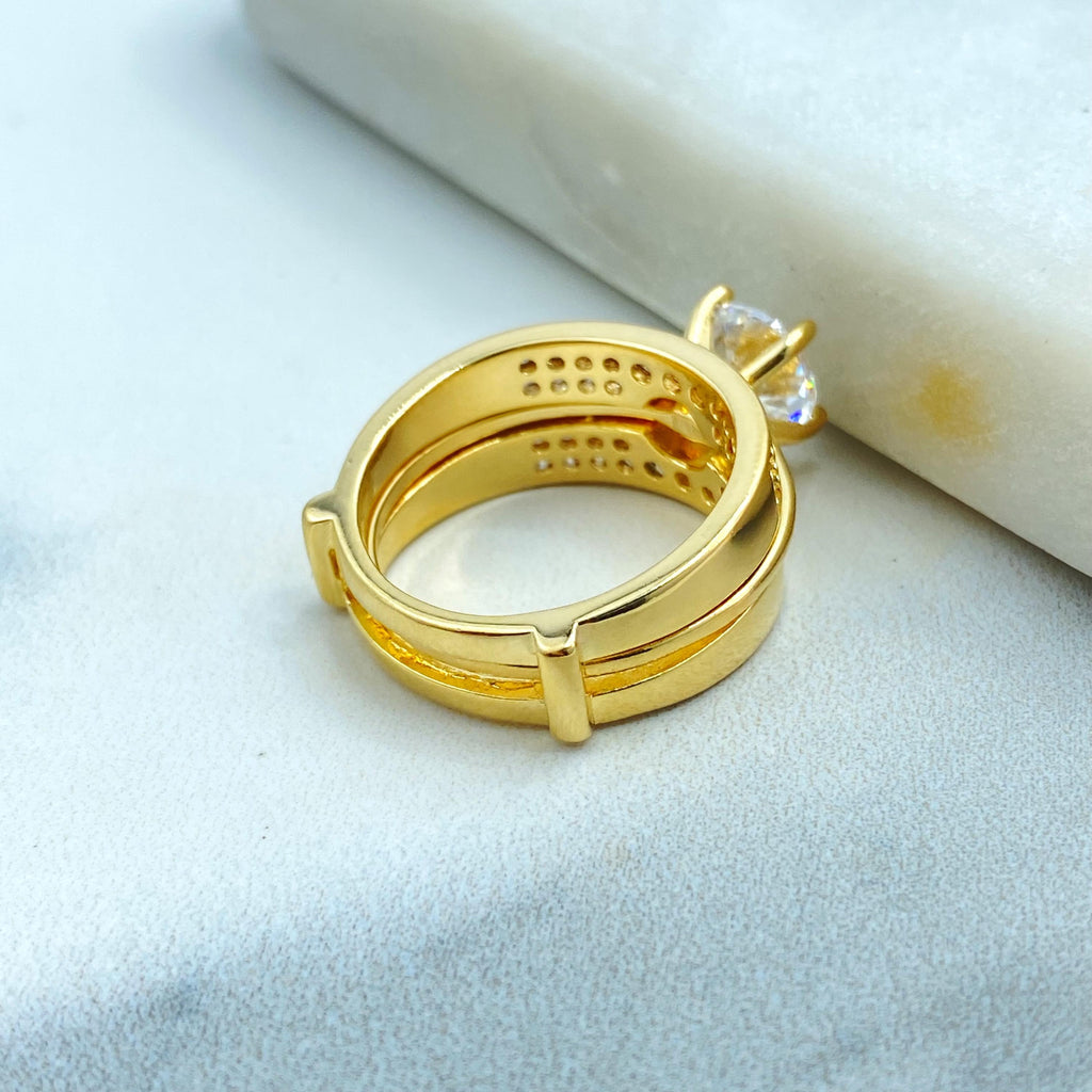 18K Gold Filled Bridal Ring Set, Engagement and Wedding Band Set, with Round Cut Solitaire & Pave CZ