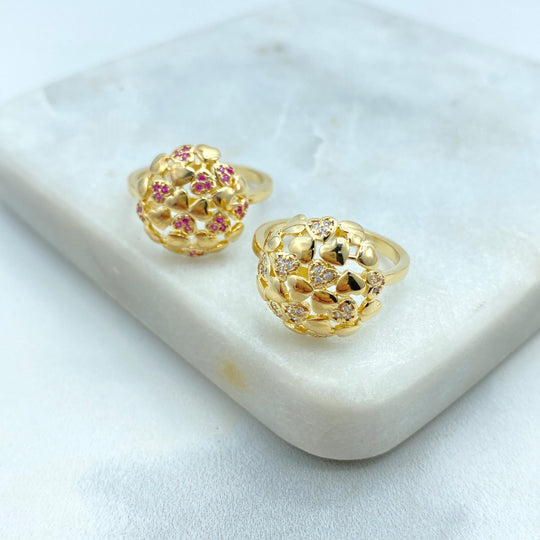 18k Gold Filled Dome Style Ring with Hearts Shape and Pave Details, Statement Ring with Heart and CZ Details
