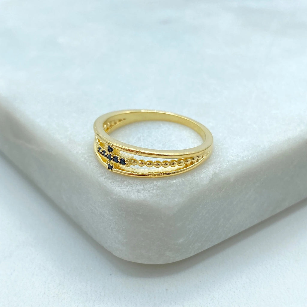 18k Gold Filled Cross Ring, Gold Simulated Layered Ring, with Black Micro Cubic Zirconia, Religious Cross Ring