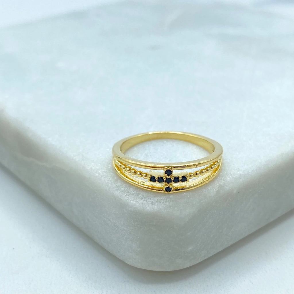 18k Gold Filled Cross Ring, Gold Simulated Layered Ring, with Black Micro Cubic Zirconia, Religious Cross Ring