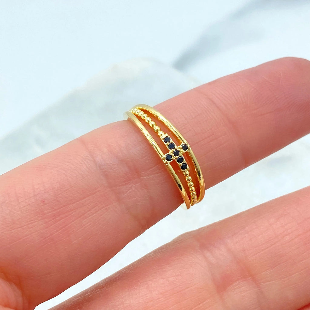 18k Gold Filled Cross Ring, Gold Simulated Layered Ring, with Black Micro Cubic Zirconia, Religious Cross Ring