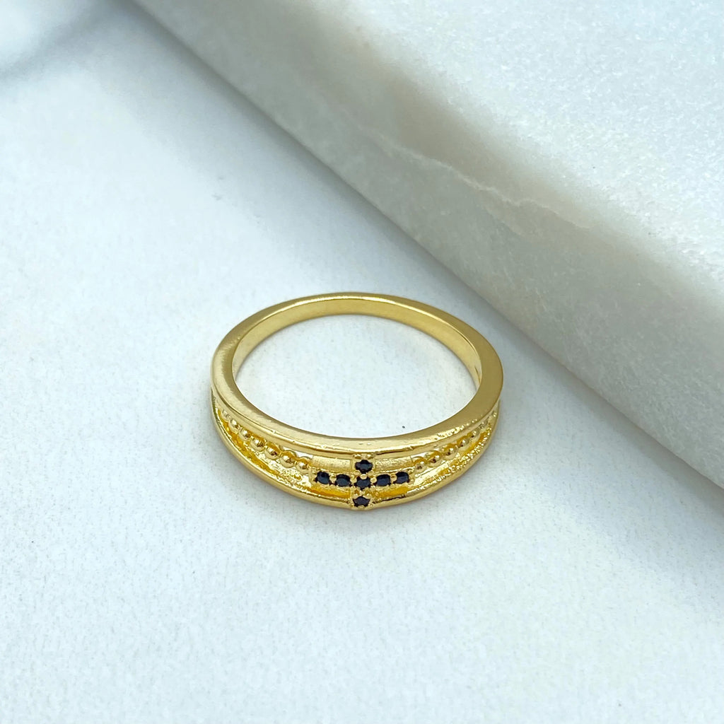 18k Gold Filled Cross Ring, Gold Simulated Layered Ring, with Black Micro Cubic Zirconia, Religious Cross Ring