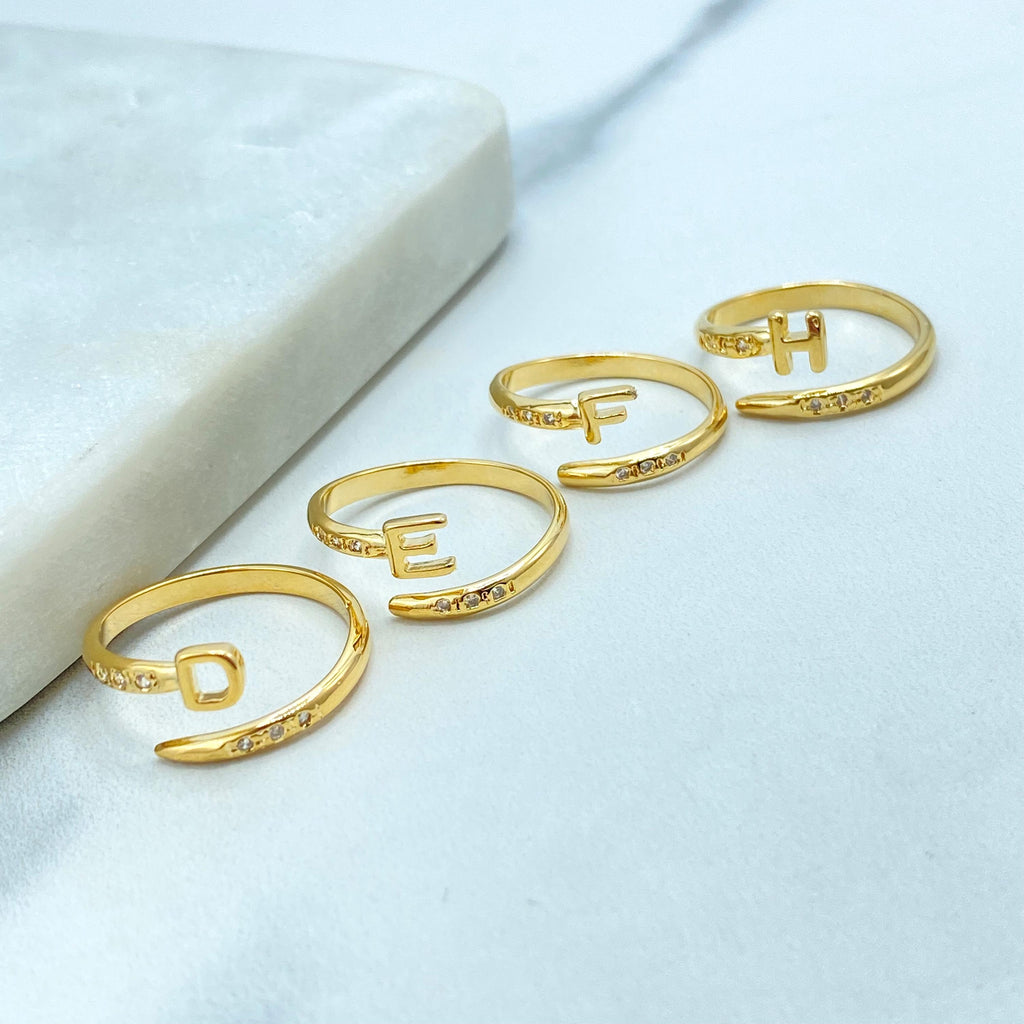 18k Gold Filled Adjustable Initial Ring, Personalized Open Band with CZ Stones, Custom Letter Ring