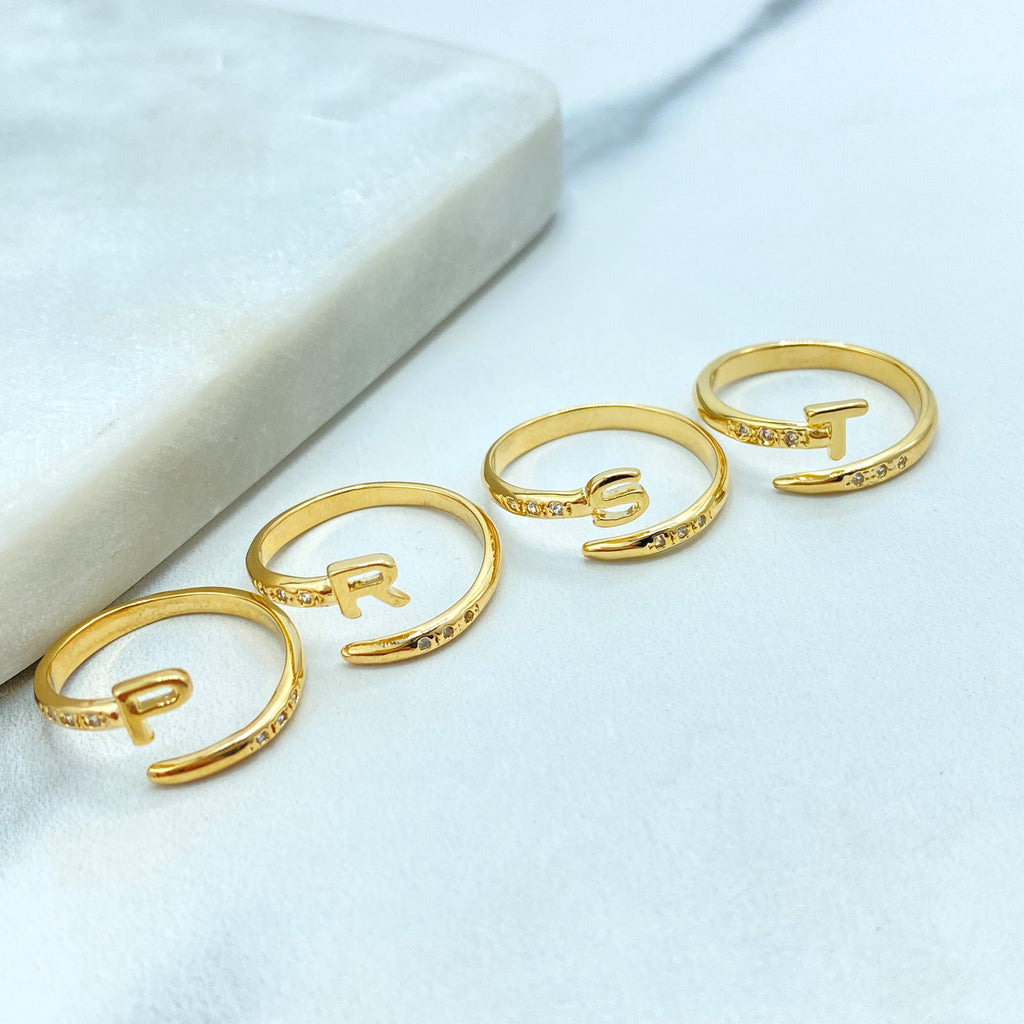 18k Gold Filled Adjustable Initial Ring, Personalized Open Band with CZ Stones, Custom Letter Ring