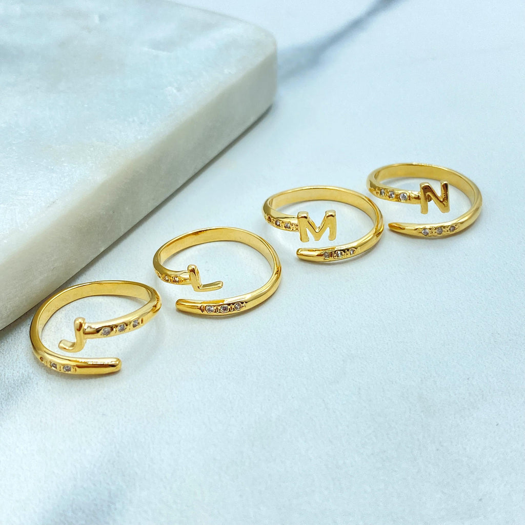 18k Gold Filled Adjustable Initial Ring, Personalized Open Band with CZ Stones, Custom Letter Ring