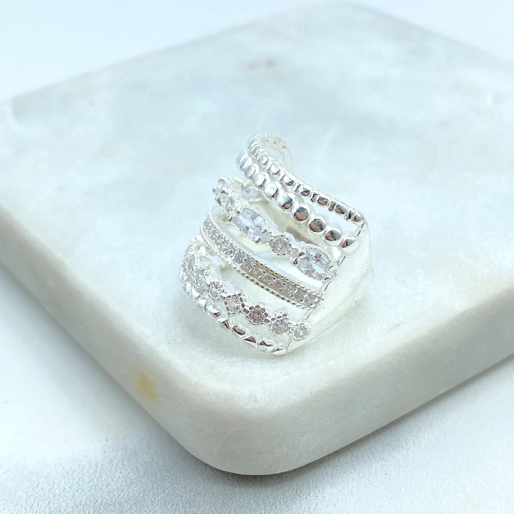 925 Sterling Silver Stacked Ring – 925 Silver & CZ Multi-Layer Look, One-Piece Stacking Ring, 06 Simulated Layers Ring