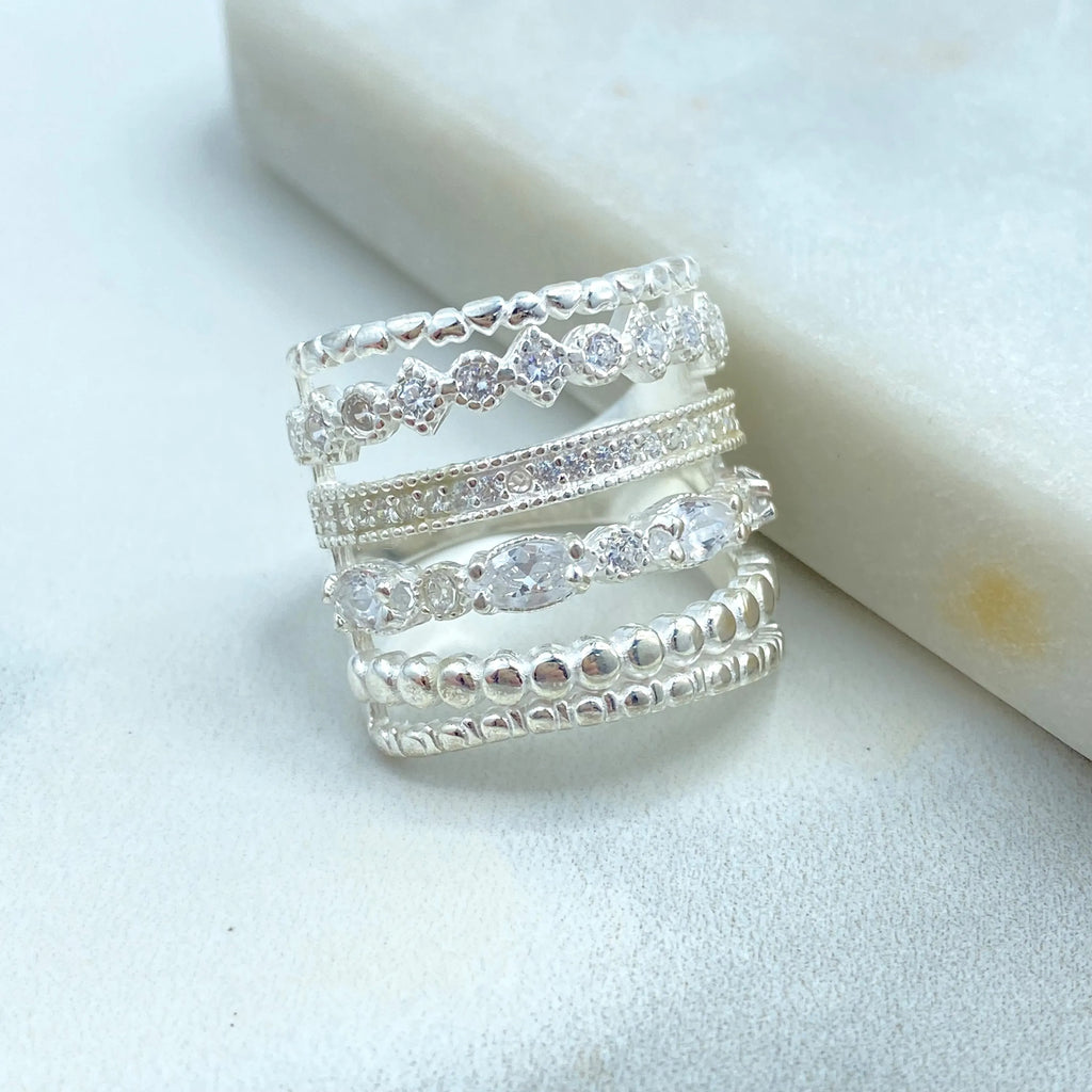 925 Sterling Silver Stacked Ring – 925 Silver & CZ Multi-Layer Look, One-Piece Stacking Ring, 06 Simulated Layers Ring