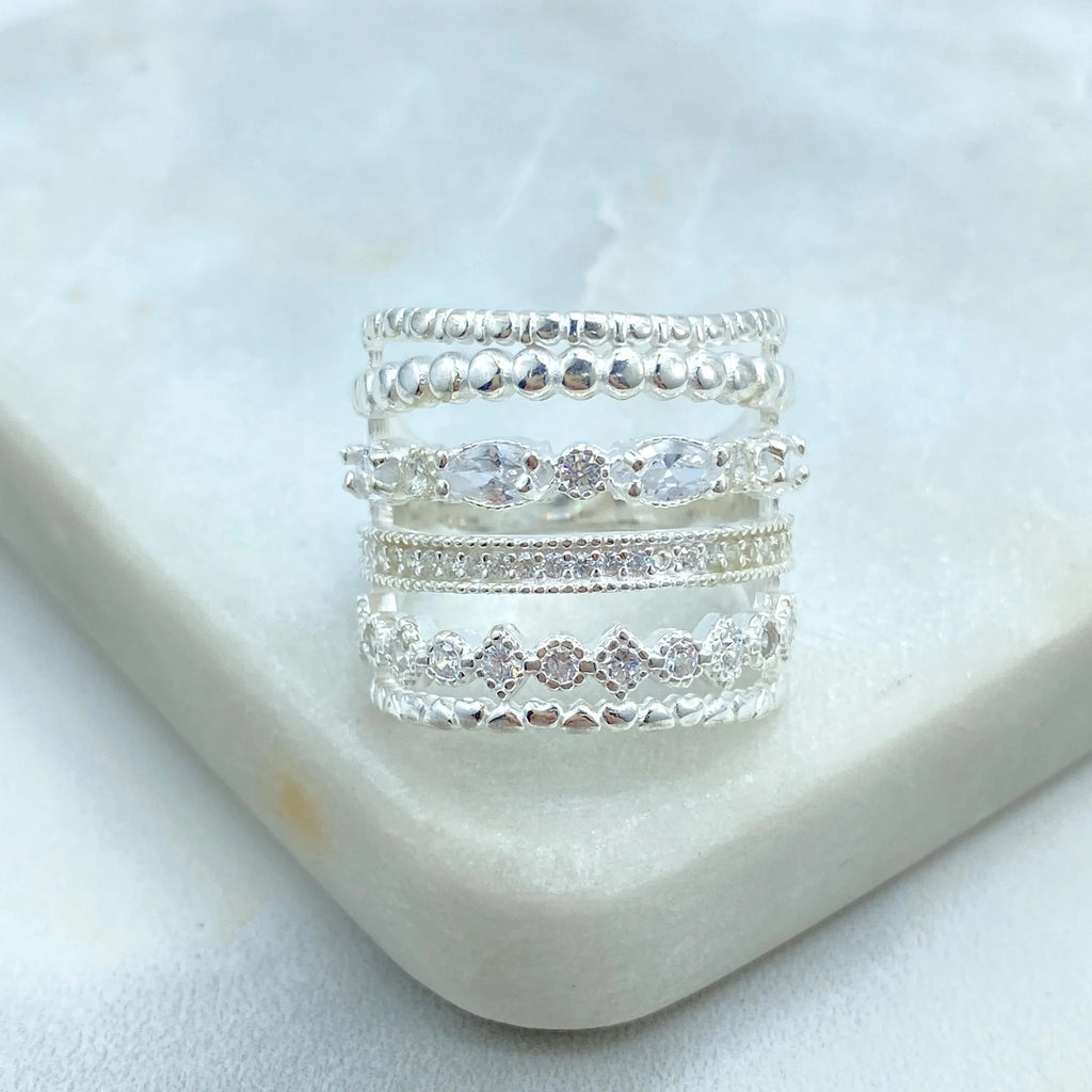 925 Sterling Silver Stacked Ring – 925 Silver & CZ Multi-Layer Look, One-Piece Stacking Ring, 06 Simulated Layers Ring