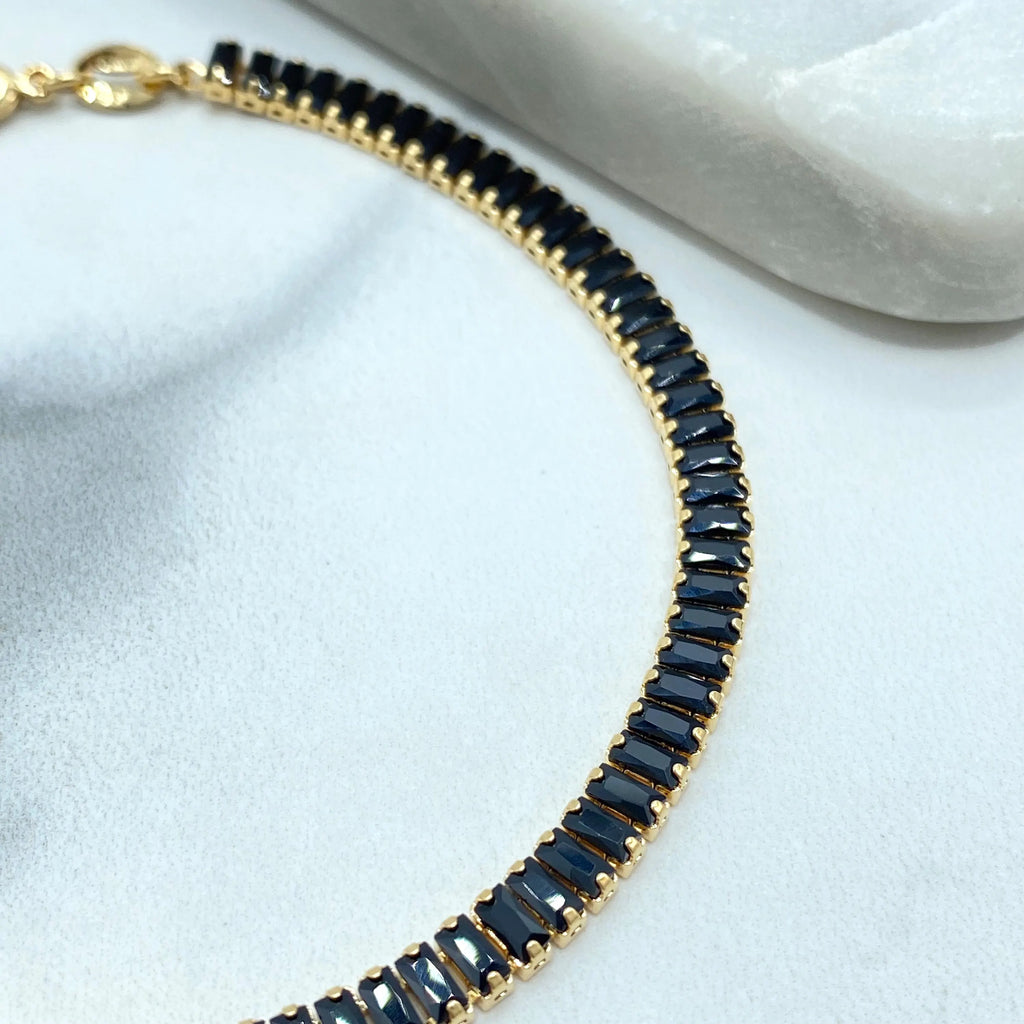 Elegant Baguette Zirconia Anklet in 18k Gold Filled or Silver Filled Finish, Choose Black or Clear Stones