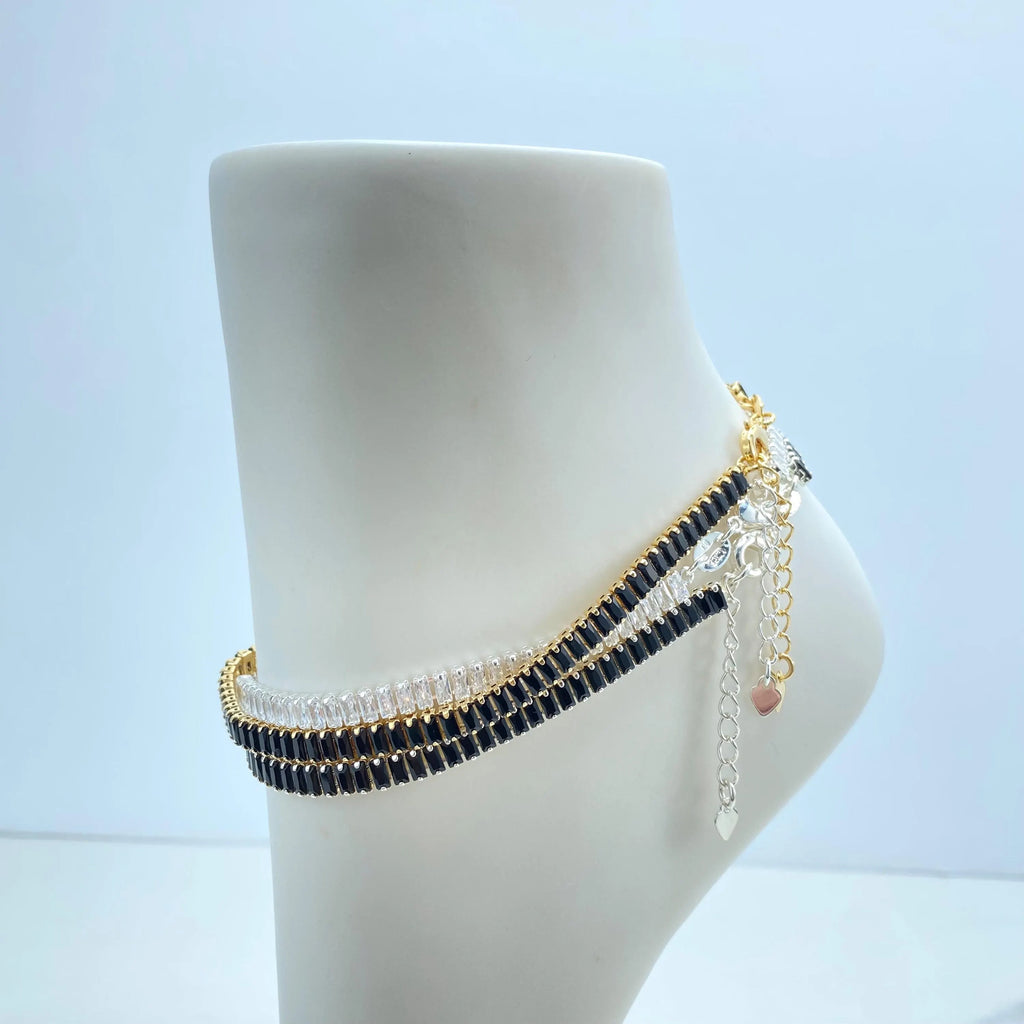 Elegant Baguette Zirconia Anklet in 18k Gold Filled or Silver Filled Finish, Choose Black or Clear Stones