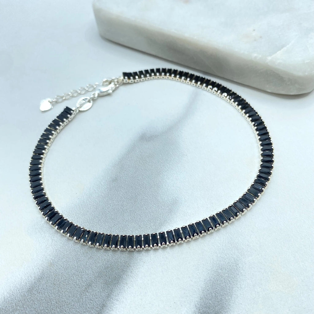 Elegant Baguette Zirconia Anklet in 18k Gold Filled or Silver Filled Finish, Choose Black or Clear Stones