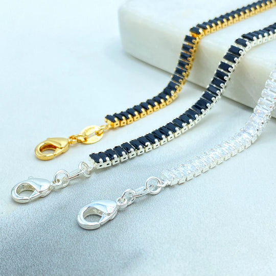 Elegant Baguette Zirconia Anklet in 18k Gold Filled or Silver Filled Finish, Choose Black or Clear Stones