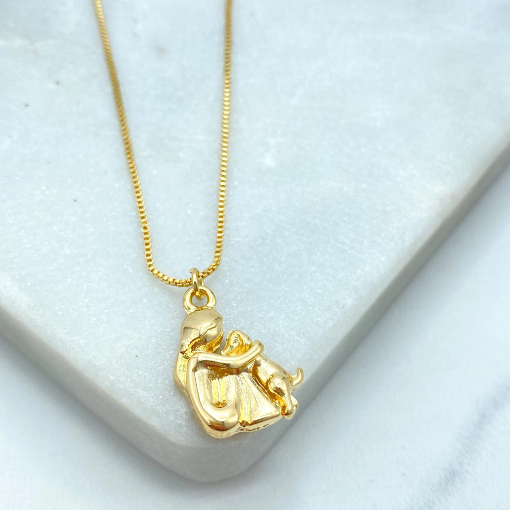 18k Gold Filled Girl & Puppy Pendant Necklace, with Extender, Girl hugging Puppy Necklace, Dog Lovers Necklace