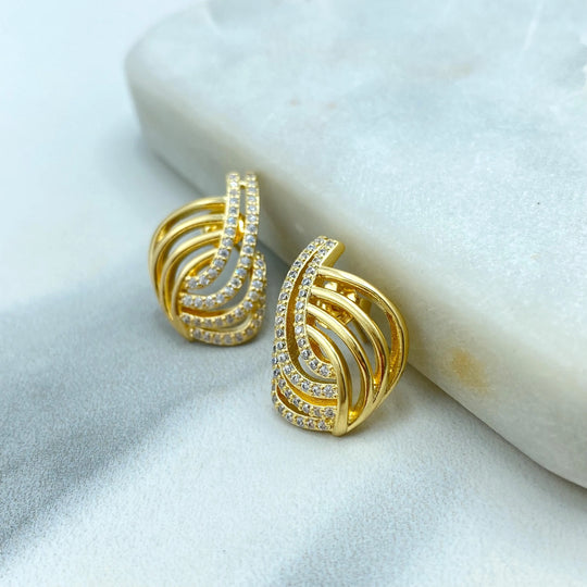 18k Gold Filled Crisscross Micro CZ Stud Earrings, Elegant Layered Leaf Design, Sparkling Statement