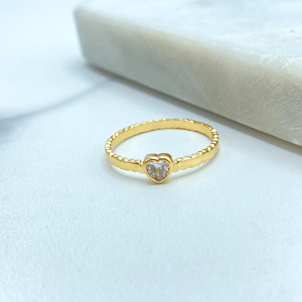 18k Gold Filled Micro CZ Heart Textured Band Ring, Pave Heart Stackable Ring, Minimalist Heart Ring