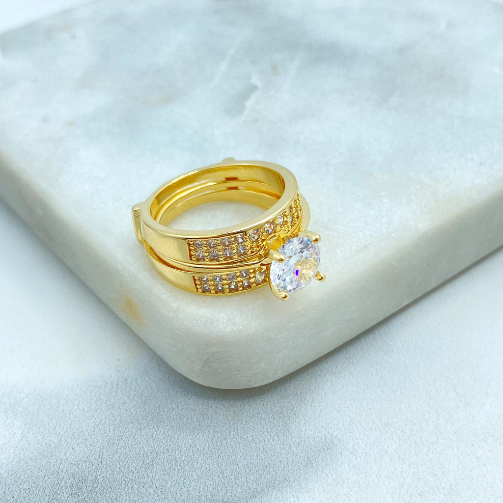 18K Gold Filled Bridal Ring Set, Engagement and Wedding Band Set, with Round Cut Solitaire & Pave CZ