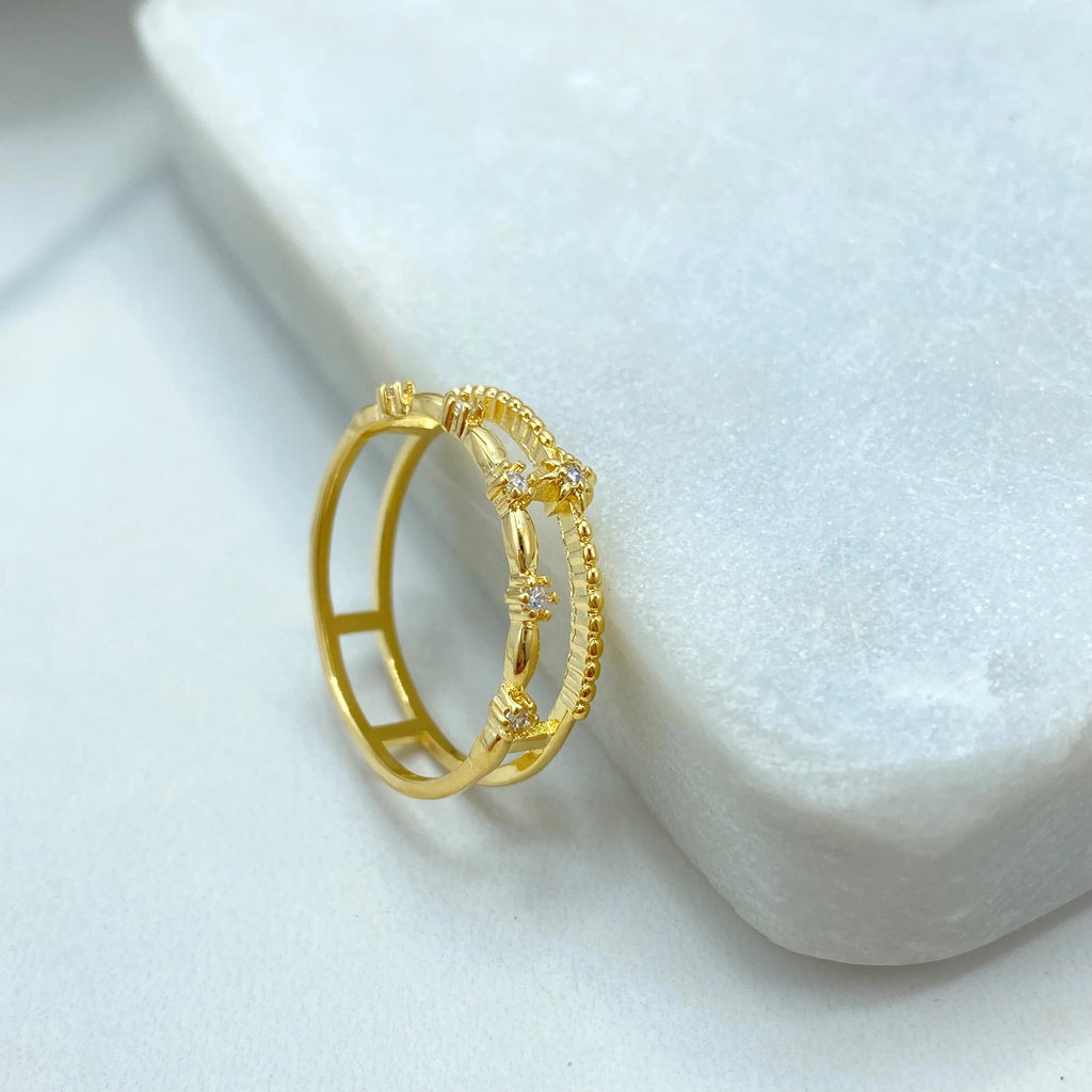 18k Gold Filled Double Band Ring, Layered CZ Flower Ring, Dainty Stacking Design, Minimalist Jewelry, Gift for Her