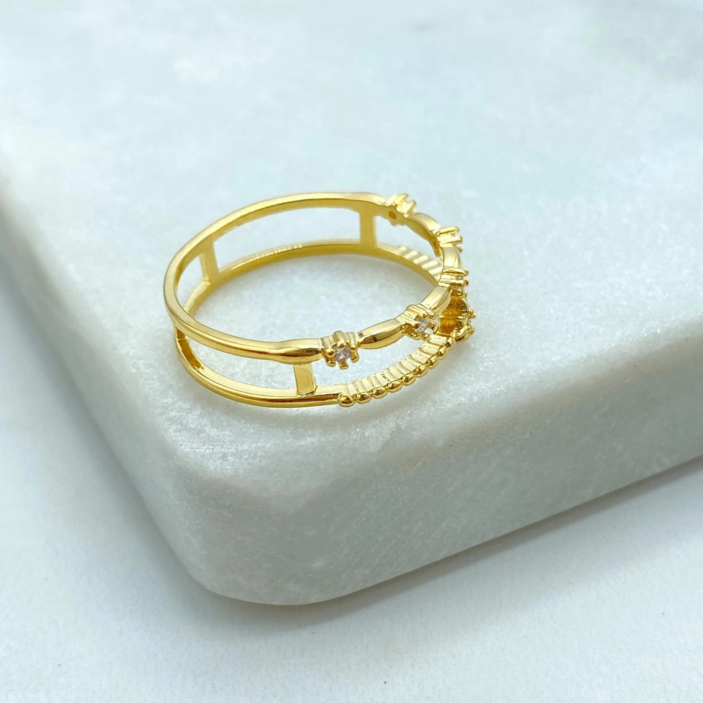 18k Gold Filled Double Band Ring, Layered CZ Flower Ring, Dainty Stacking Design, Minimalist Jewelry, Gift for Her