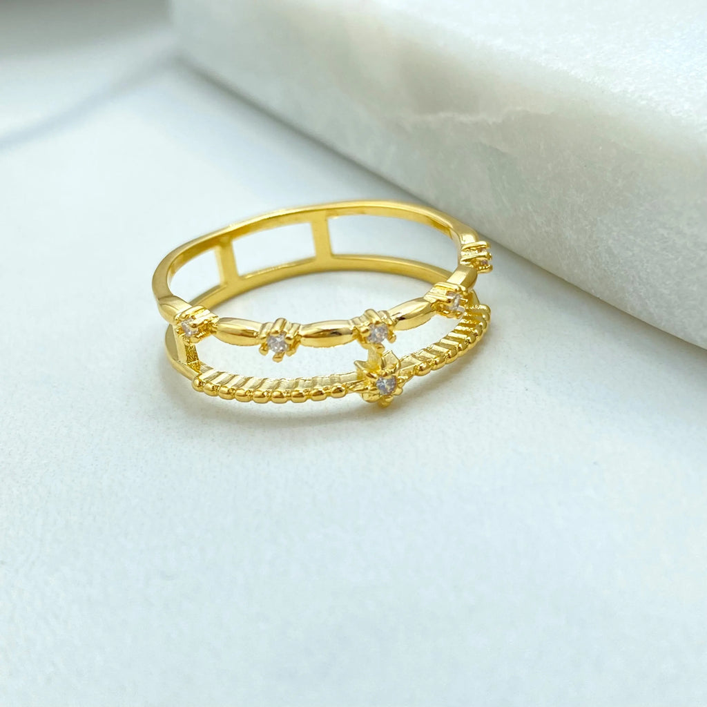 18k Gold Filled Double Band Ring, Layered CZ Flower Ring, Dainty Stacking Design, Minimalist Jewelry, Gift for Her