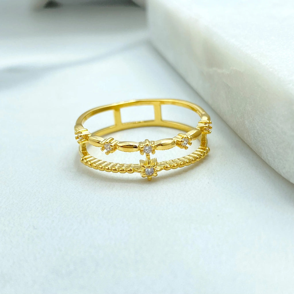 18k Gold Filled Double Band Ring, Layered CZ Flower Ring, Dainty Stacking Design, Minimalist Jewelry, Gift for Her