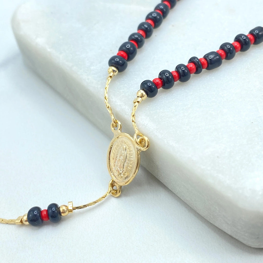 18k Gold Filled Rosary Necklace with Guadalupe Medal, Evil Eye & Azabache Beads, Catholic Link Rosary, Protection Gift