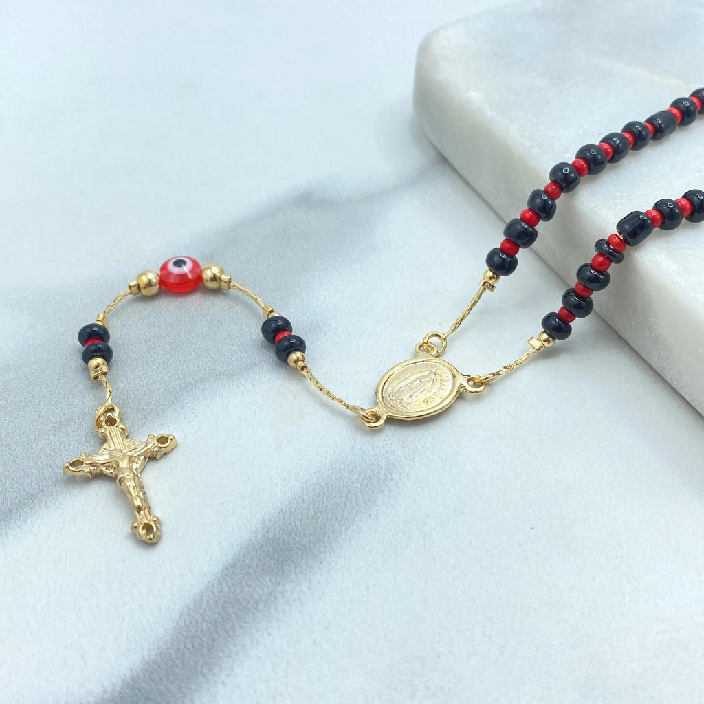 18k Gold Filled Rosary Necklace with Guadalupe Medal, Evil Eye & Azabache Beads, Catholic Link Rosary, Protection Gift