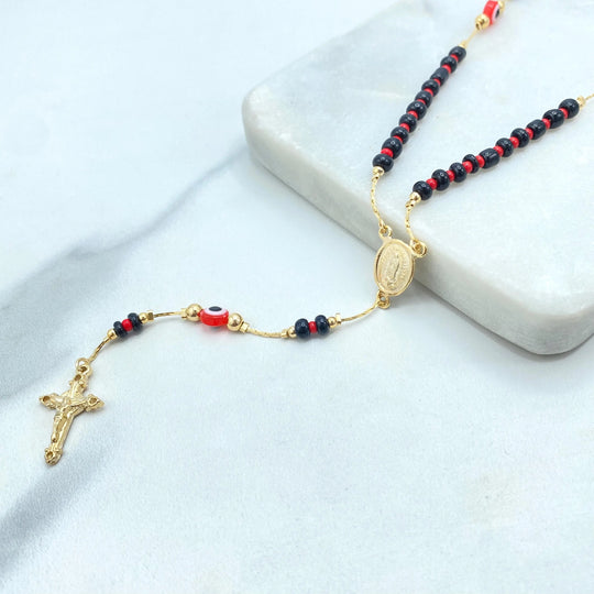 18k Gold Filled Rosary Necklace with Guadalupe Medal, Evil Eye & Azabache Beads, Catholic Link Rosary, Protection Gift