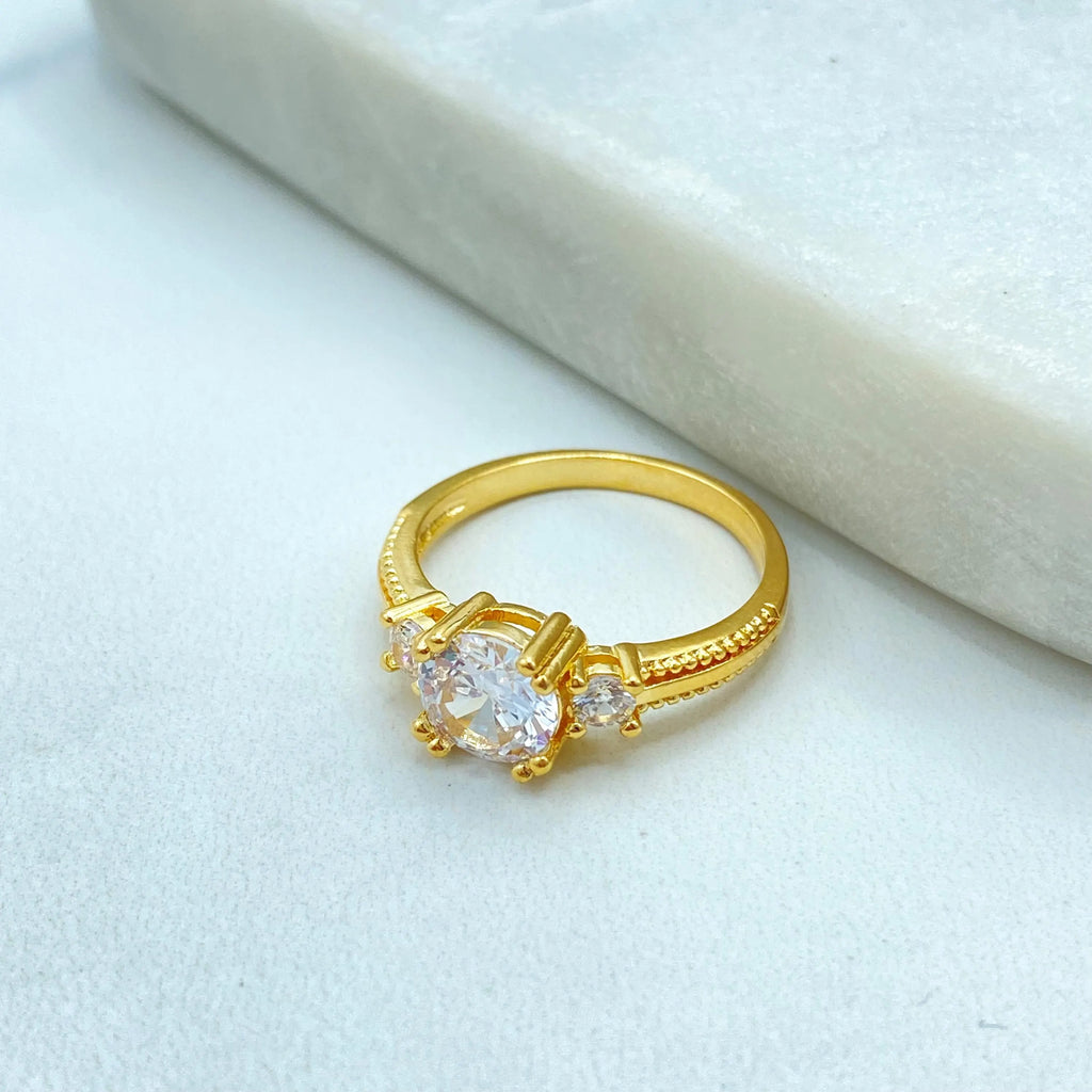 18k Gold Filled Solitaire Ring, Three Stone CZ Engagement Style, Classic Sparkling Band, Dainty Bridal Jewelry