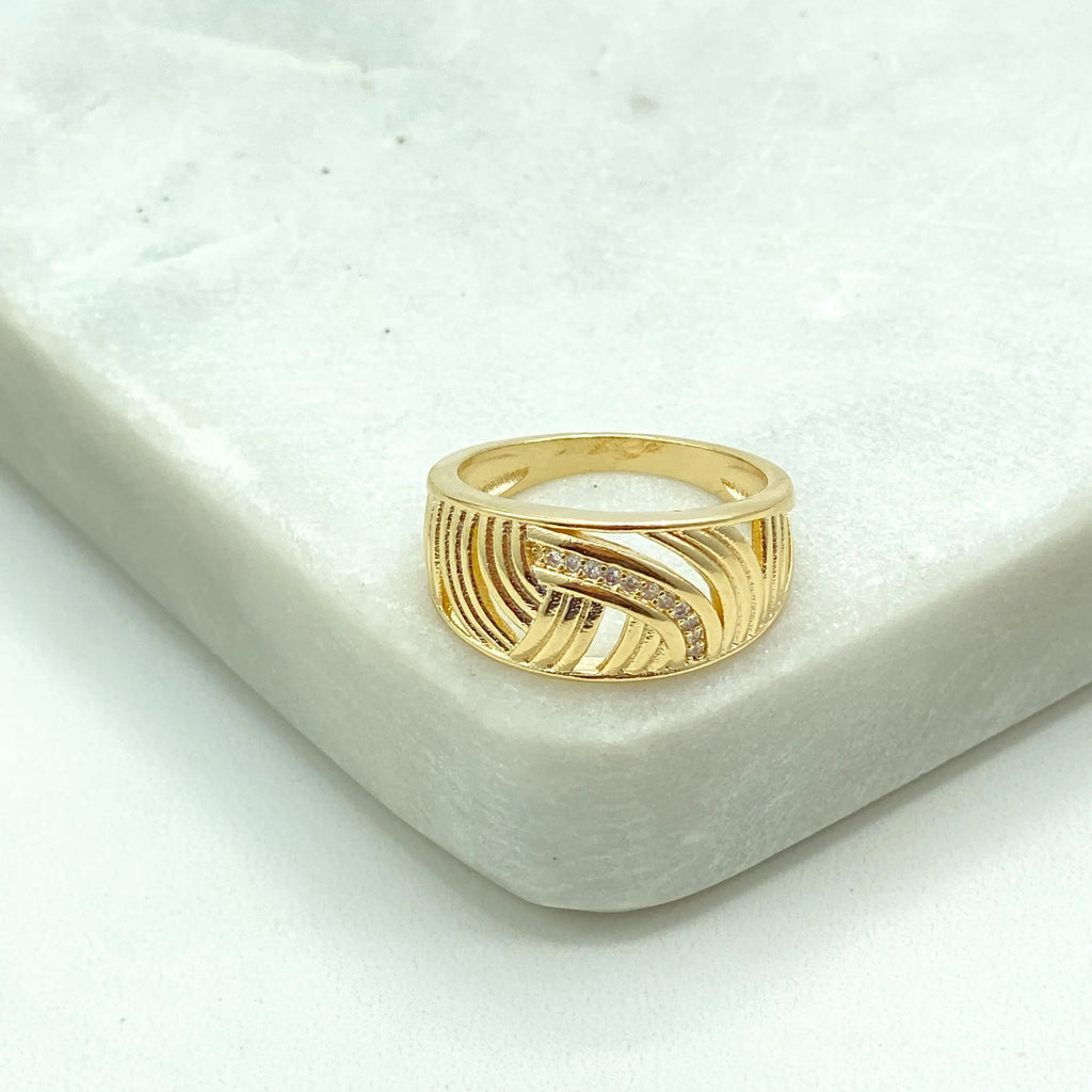 18k Gold Filled Wide Band Ring, Textured Striped CZ Ring, Elegant Statement Jewelry, Gift for Her