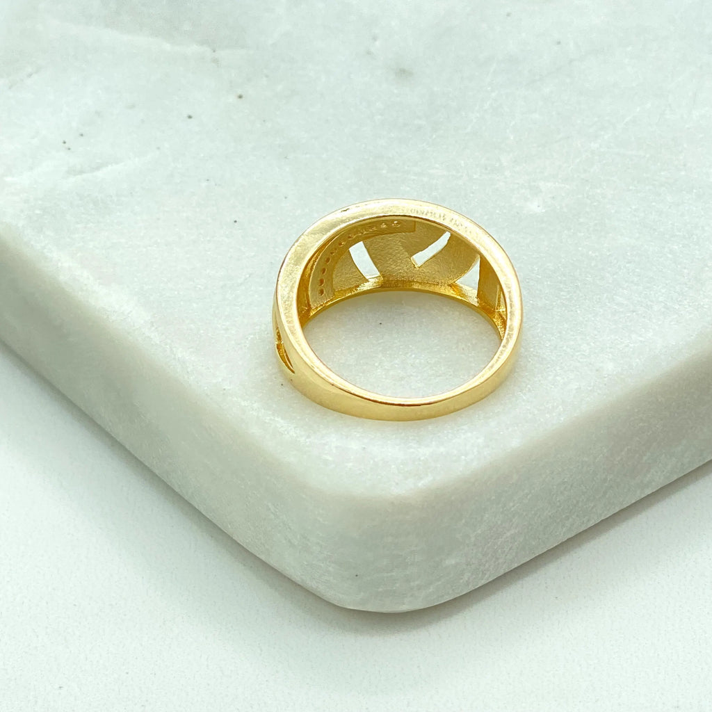 18k Gold Filled Wide Band Ring, Textured Striped CZ Ring, Elegant Statement Jewelry, Gift for Her